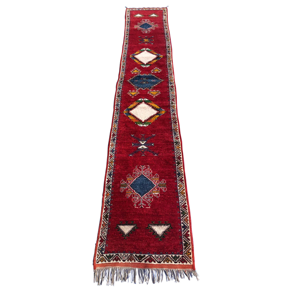 Vintage Moroccan Tribal Rug or Runner Vibrant Red and Accentuating Blue & White