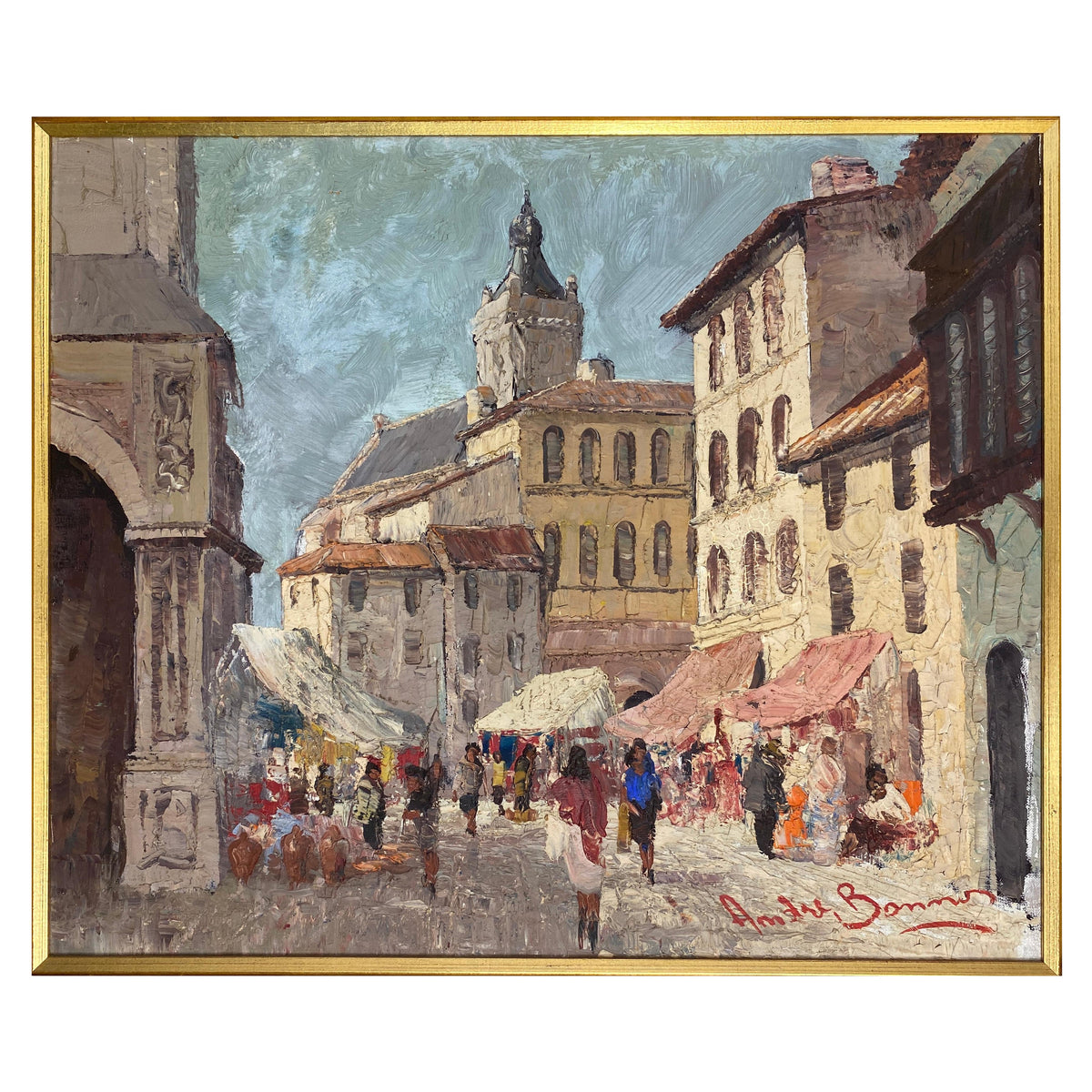 French Village Street Scene Oil on Canvas Painting, Busy Street in France