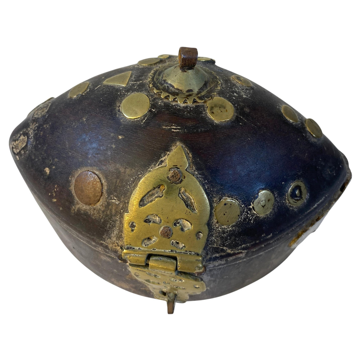 Antique African Wood & Brass Domed Trinket Box with Pierced Brass Clasp — detail 4