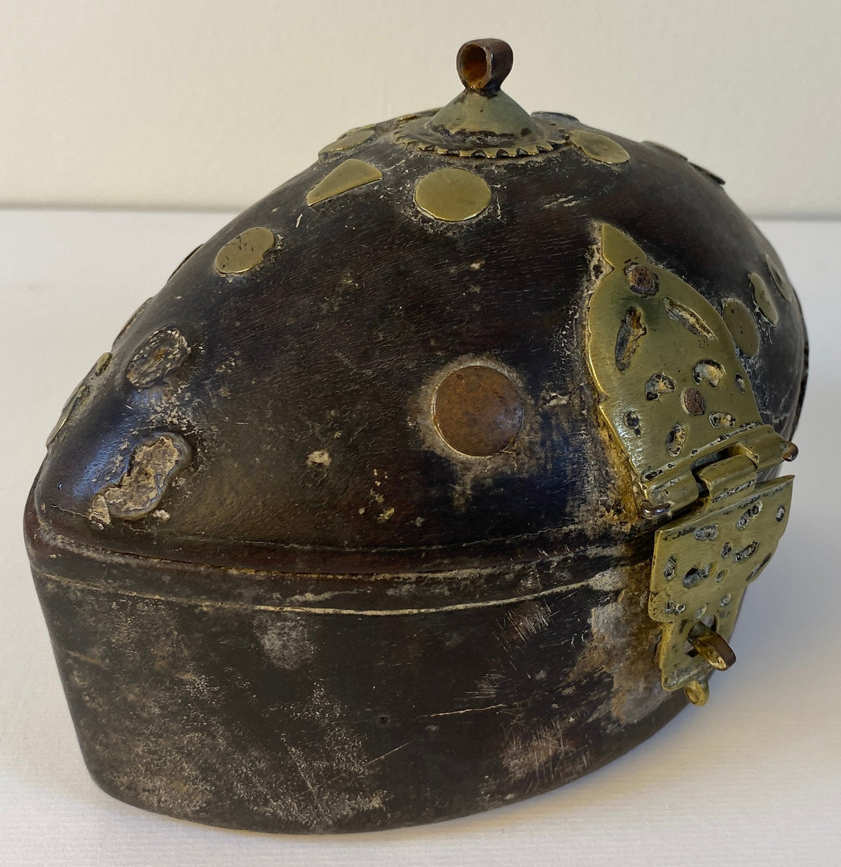 Antique African Wood & Brass Domed Trinket Box with Pierced Brass Clasp — detail 8