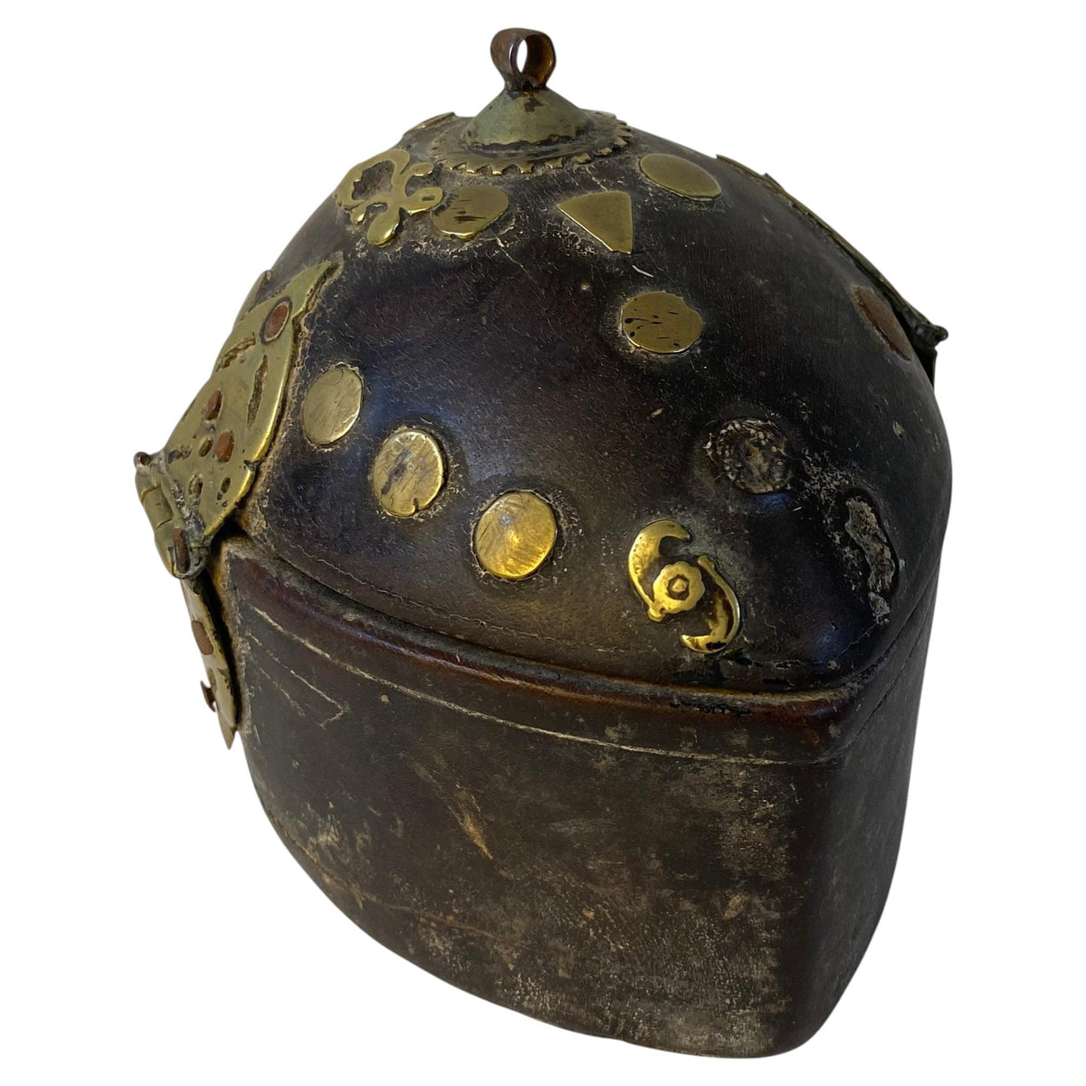 Antique African Wood & Brass Domed Trinket Box with Pierced Brass Clasp — detail 2