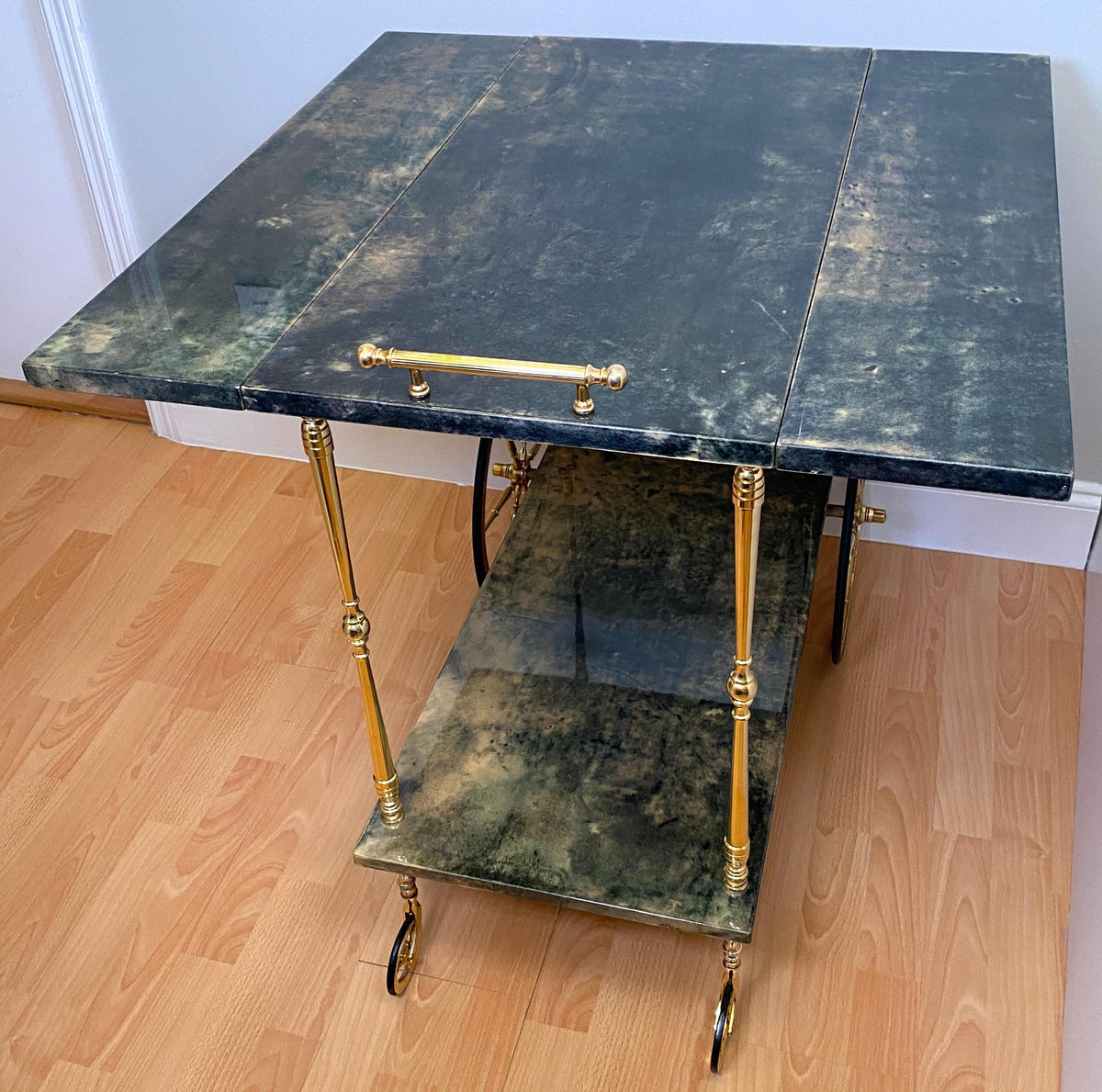 Aldo Tura Green Lacquered Goatskin Bar Cart, Brass Two-Tier Folding Drinks Trolley, Italy 1960s — detail 5