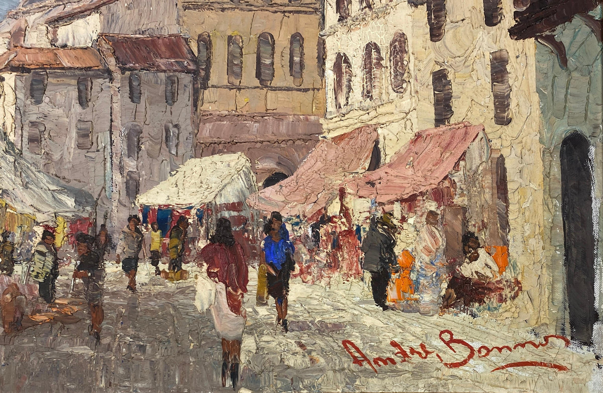 French Village Street Scene Oil on Canvas Painting, Busy Street in France — detail 3