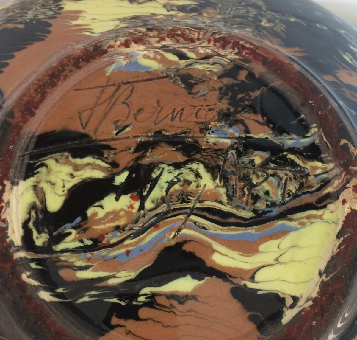 Large French Midcentury Ceramic Mixed Earths Bowl or Centerpiece, Signed — detail 2