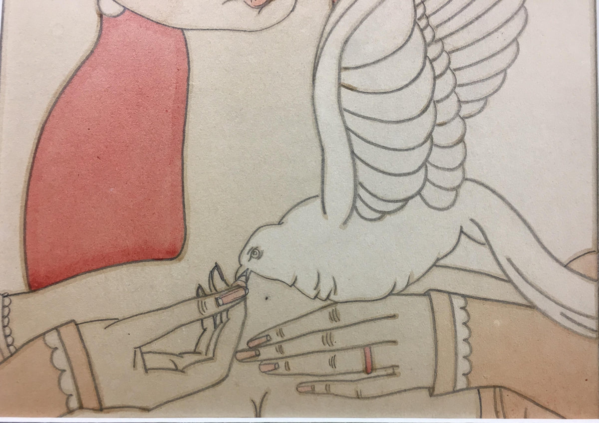 French Art Deco Painting Exotic Woman Holding a Dove Signed Chasquest Dated 1930 — detail 4