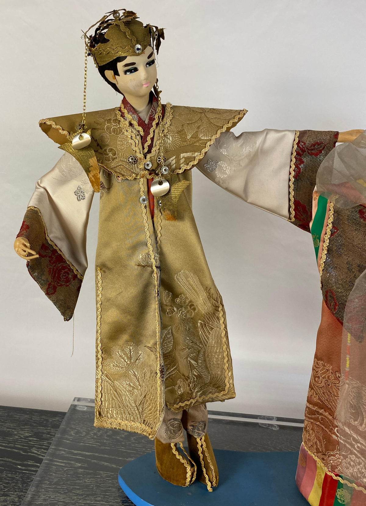 Pair of Oriental Puppet Dolls with Original Silk Costumes — detail 2