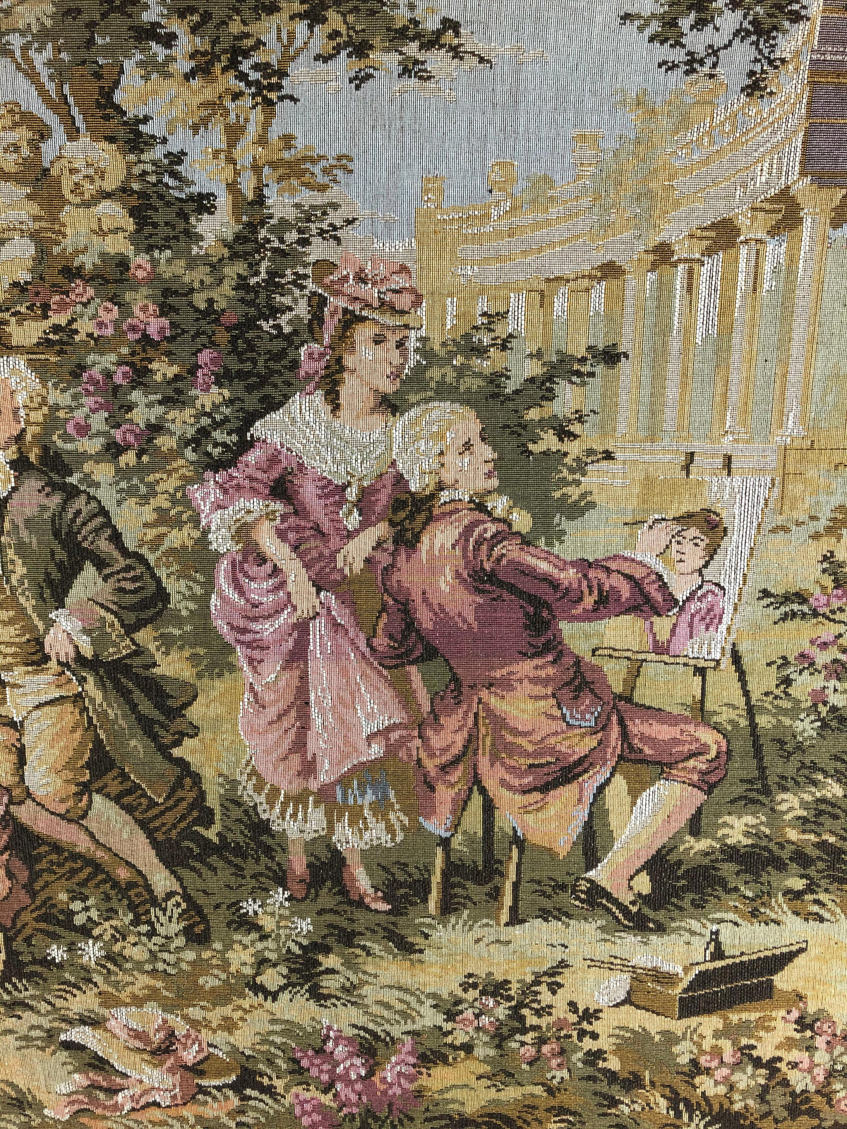 Large French Aubusson Jacquard Tapestry depicting a Pastoral and Romantic Scene — detail 4