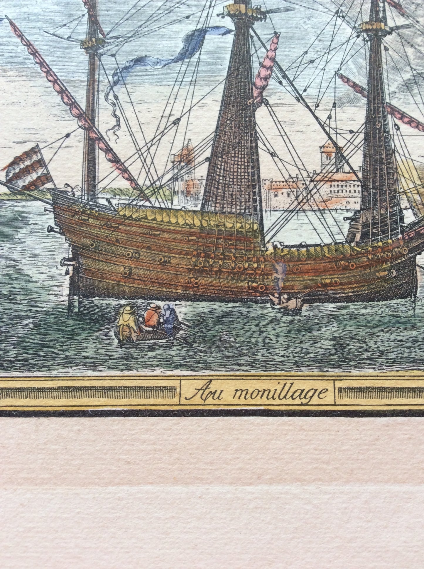 18th Century Color Engraving Print by Pieter F.H. Bruegel, Au Monillage — detail 4