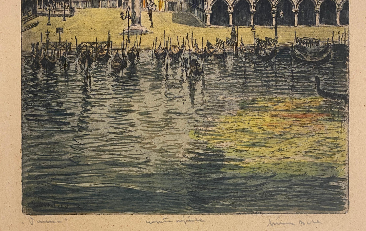 Impressive Colored Etching Venice Italy Doges Palace manner of Canaletto, Signed — detail 5