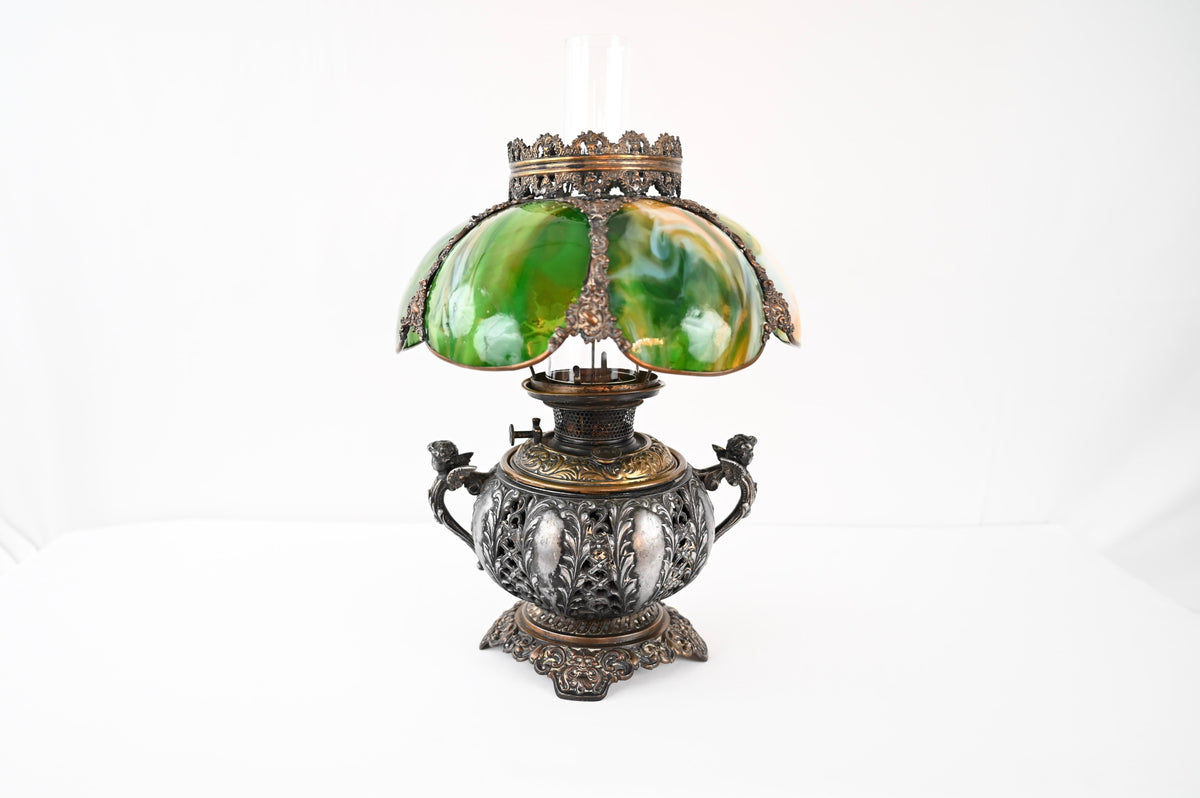 Bradley & Hubbard Victorian Style Oil Lamp with Hand Painted Hurricane Glass — detail 9
