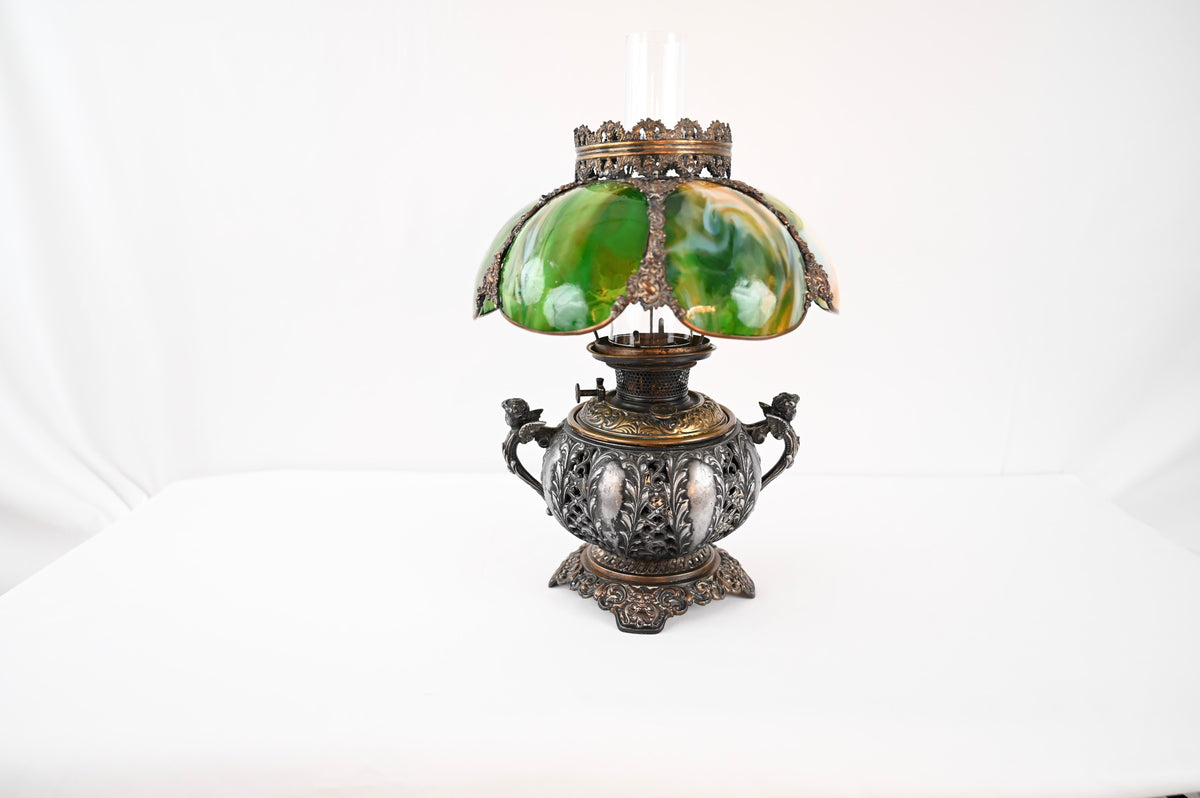 Bradley & Hubbard Victorian Style Oil Lamp with Hand Painted Hurricane Glass — detail 10