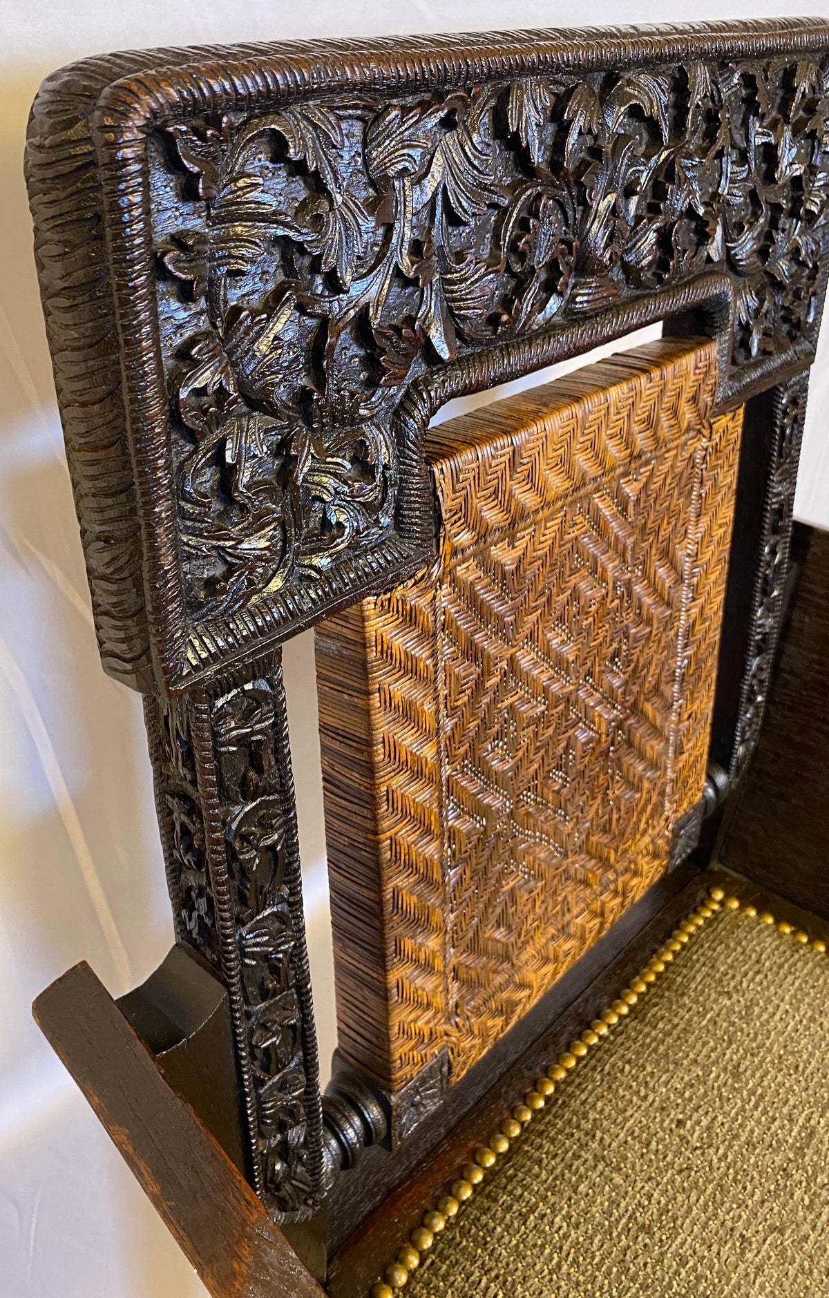 19th Century Anglo-Indian Hand-Carved Burmese Armchair with Officer Provenance — detail 2