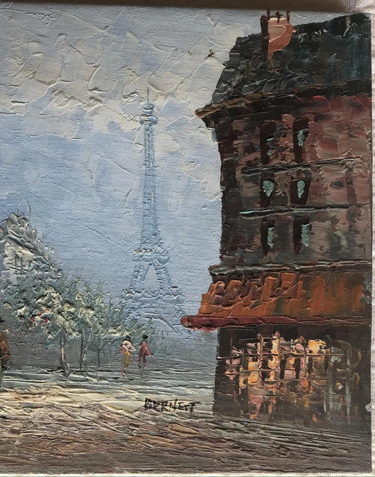 Oil Painting Eiffel Tower Paris attrib. to Caroline Burnett, Paris Cityscape — detail 2