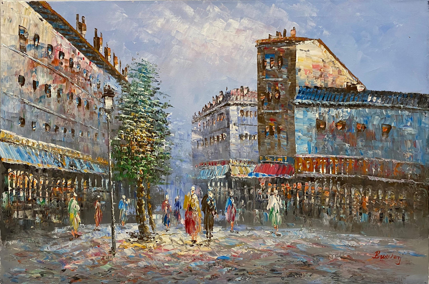 Paris France Street Scene Oil on Canvas Painting, Signed Burnett — detail 8
