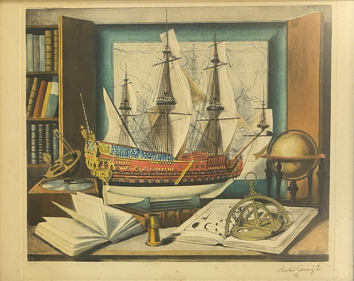 Maritime Still Life with Sextant, Engraving or Color Lithograph by Charles Cerny — detail 5