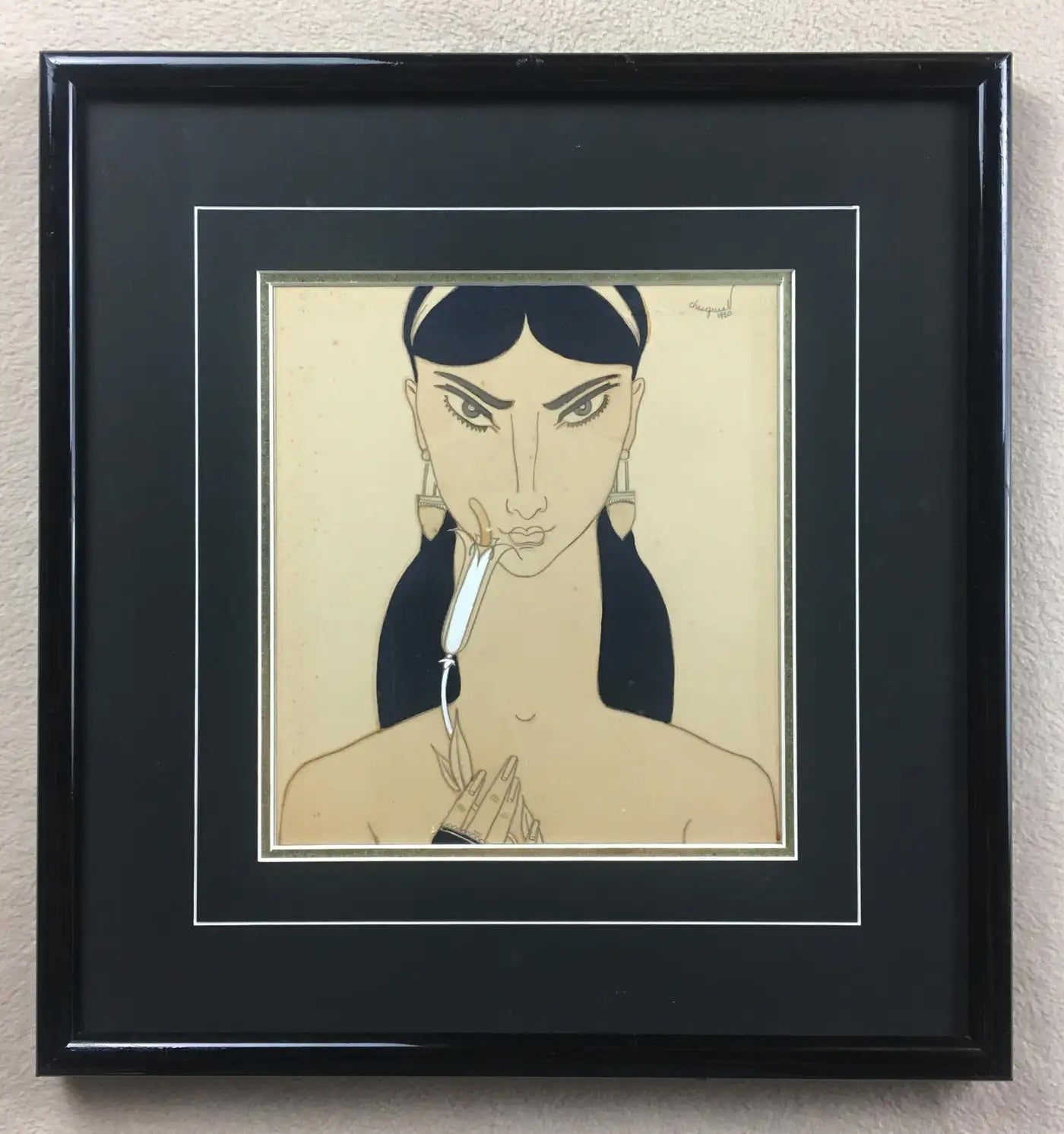 French Art Deco Watercolor of an Exotic Woman with Flower, Signed Chasquest, circa 1930 — detail 8