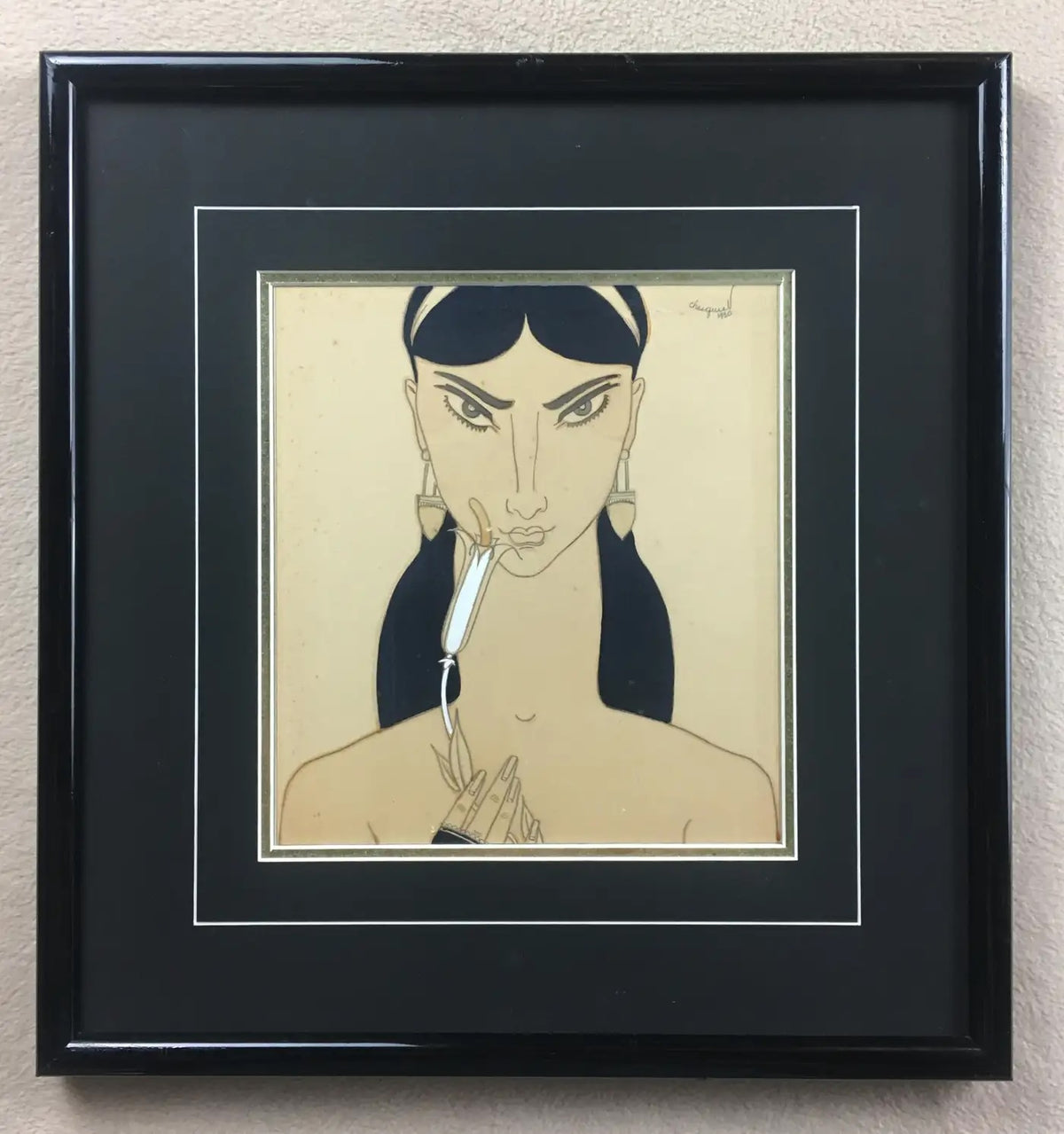 French Art Deco Watercolor of an Exotic Woman with Flower, Signed Chasquest, circa 1930 — detail 8