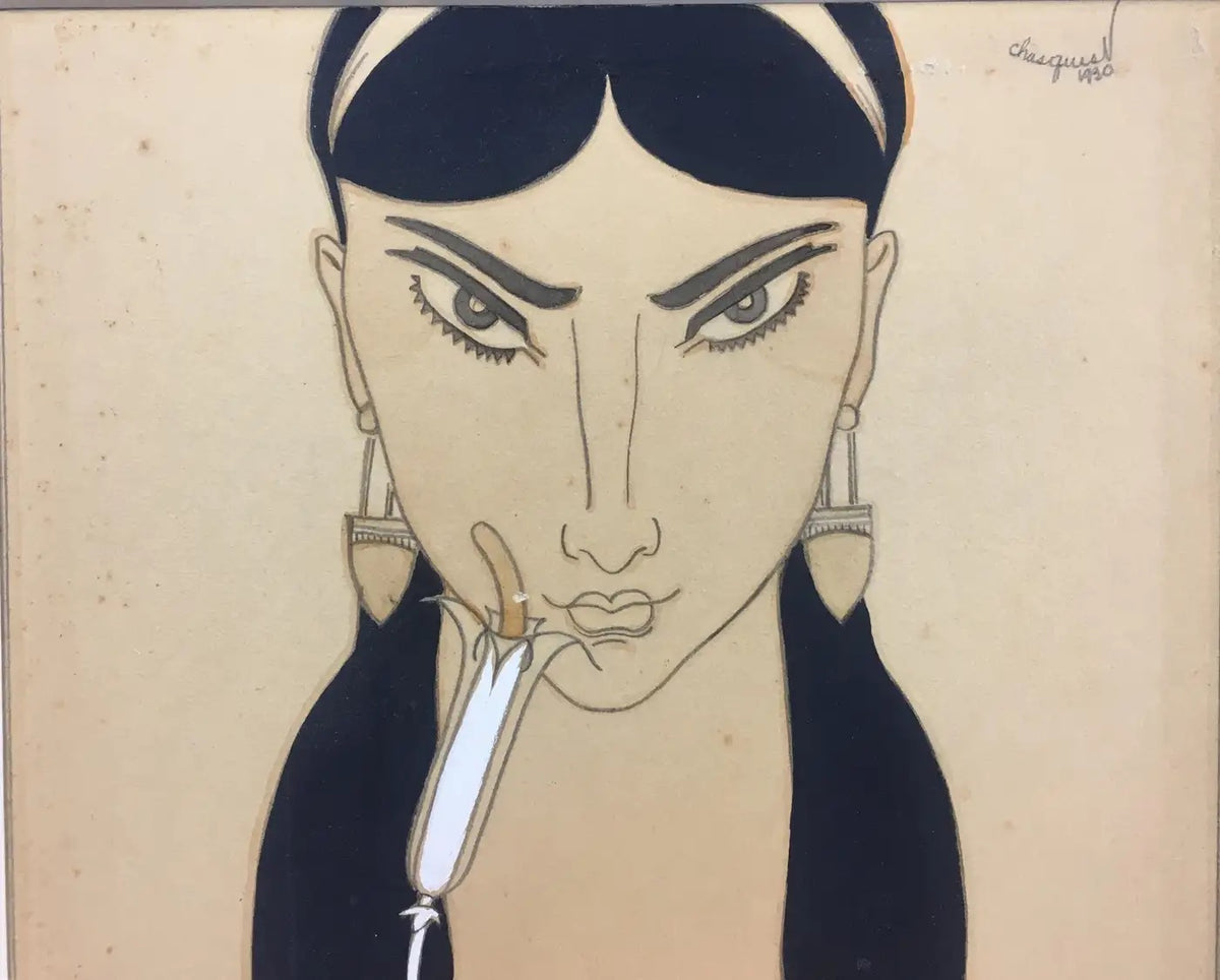 French Art Deco Watercolor of an Exotic Woman with Flower, Signed Chasquest, circa 1930 — detail 6