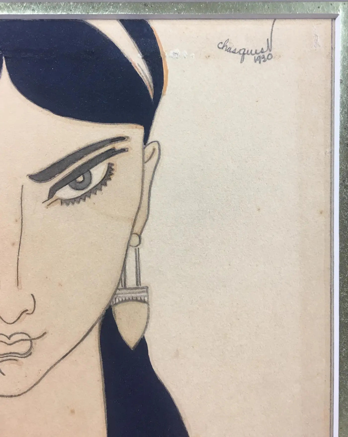 French Art Deco Watercolor of an Exotic Woman with Flower, Signed Chasquest, circa 1930 — detail 5