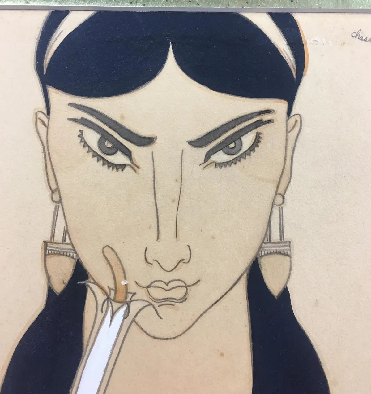 French Art Deco Watercolor of an Exotic Woman with Flower, Signed Chasquest, circa 1930 — detail 3