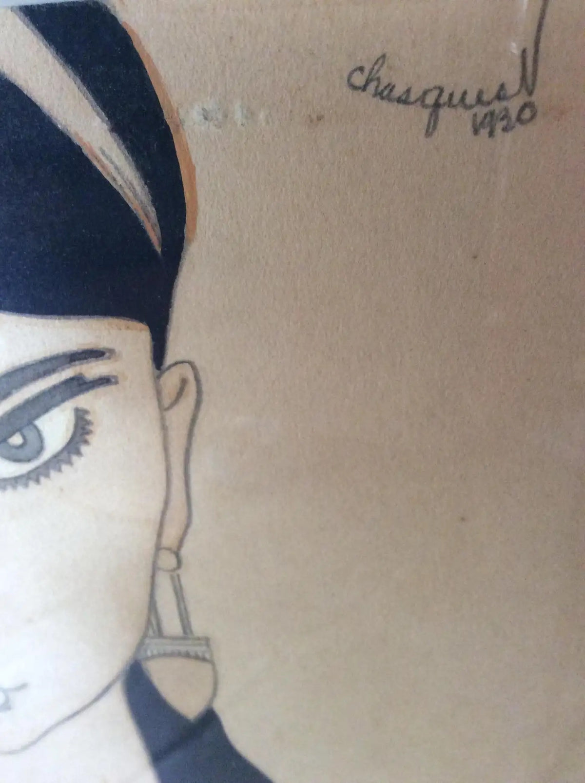 French Art Deco Watercolor of an Exotic Woman with Flower, Signed Chasquest, circa 1930 — detail 2