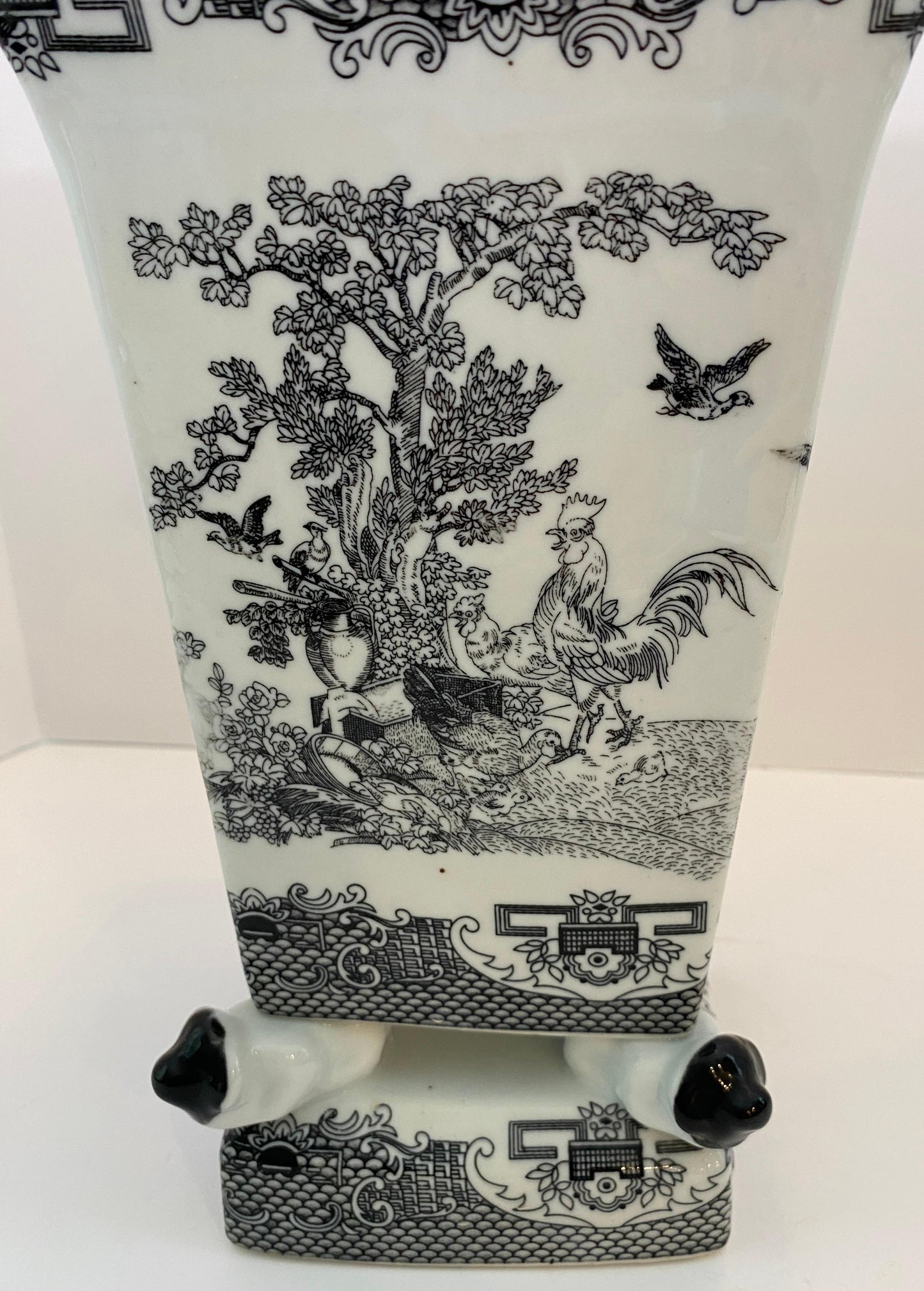 Chinese Black & White Porcelain Vase, Figural Rooster Garden Scene — detail 4