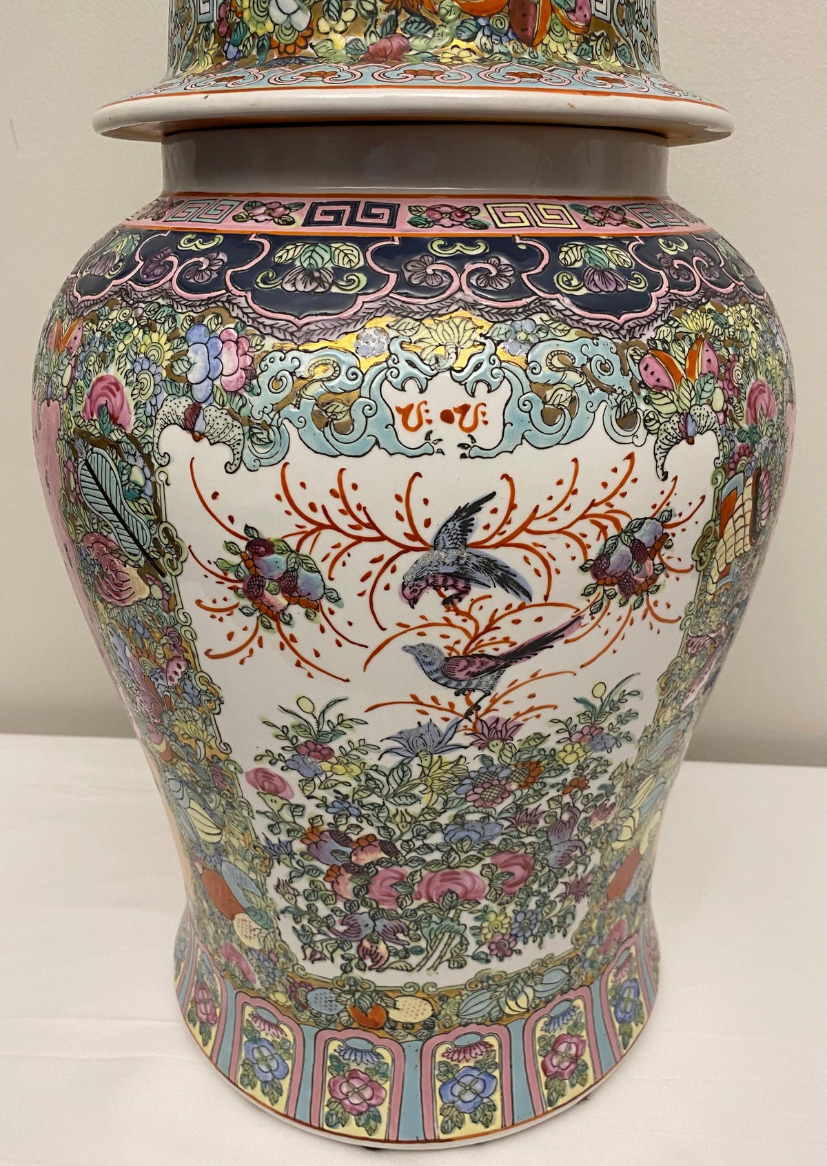 Large Famille Rose Chinese Temple Jar with Lid — detail 4