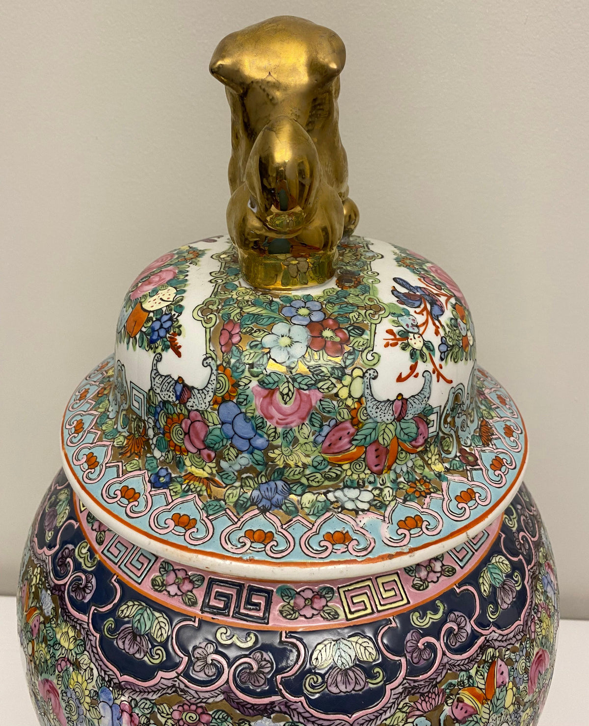 Large Famille Rose Chinese Temple Jar with Lid — detail 6