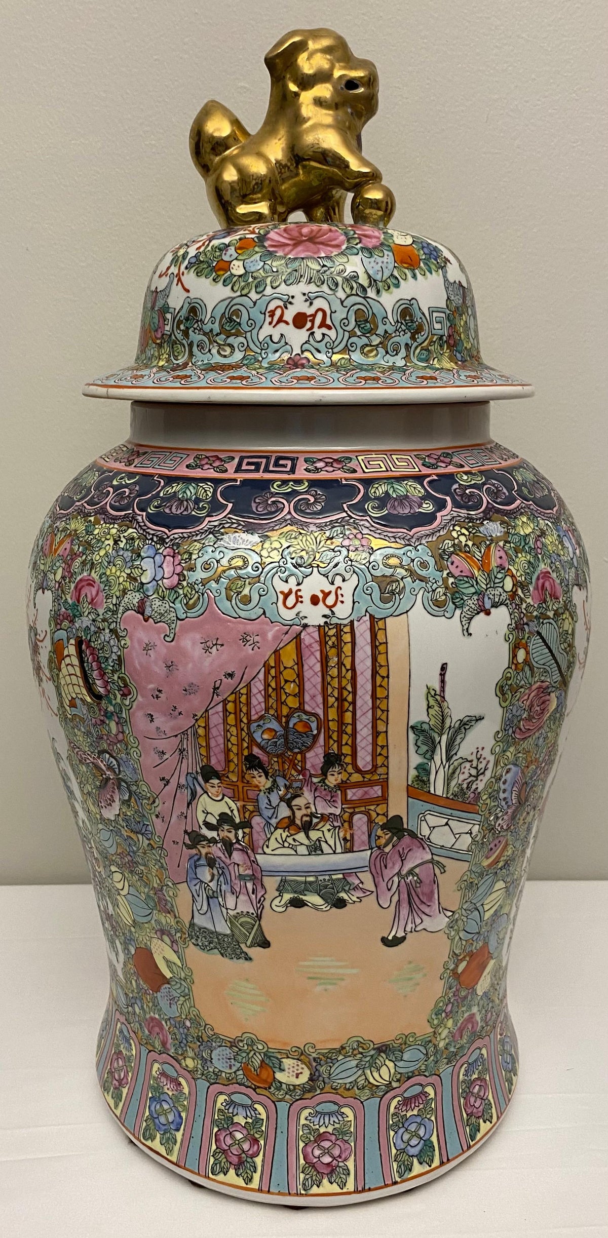 Large Famille Rose Chinese Temple Jar with Lid — detail 8