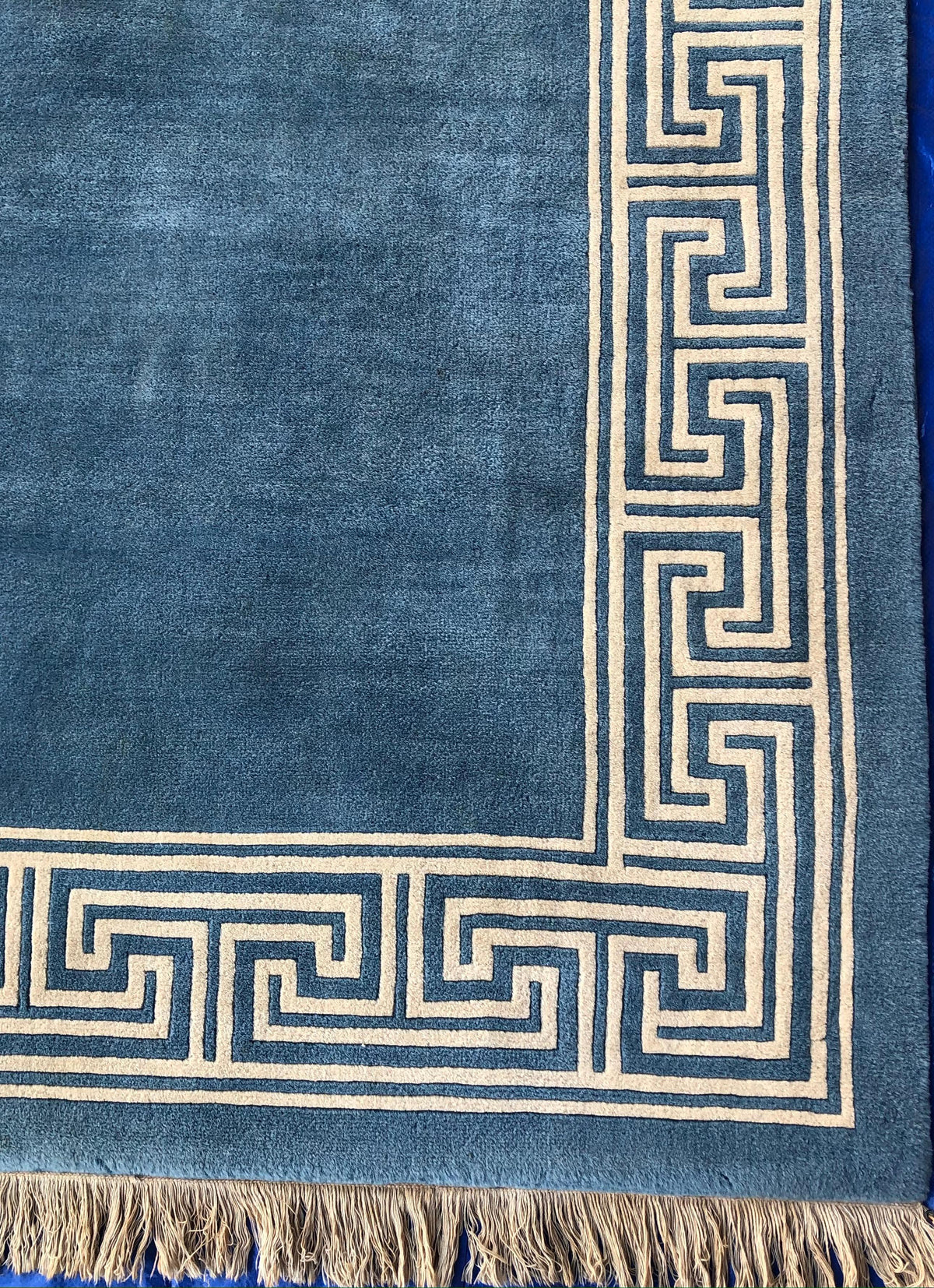 Stunning Blue and Beige Antique Collectible Ningxia or Ningshia Silk Area Rug — detail 6