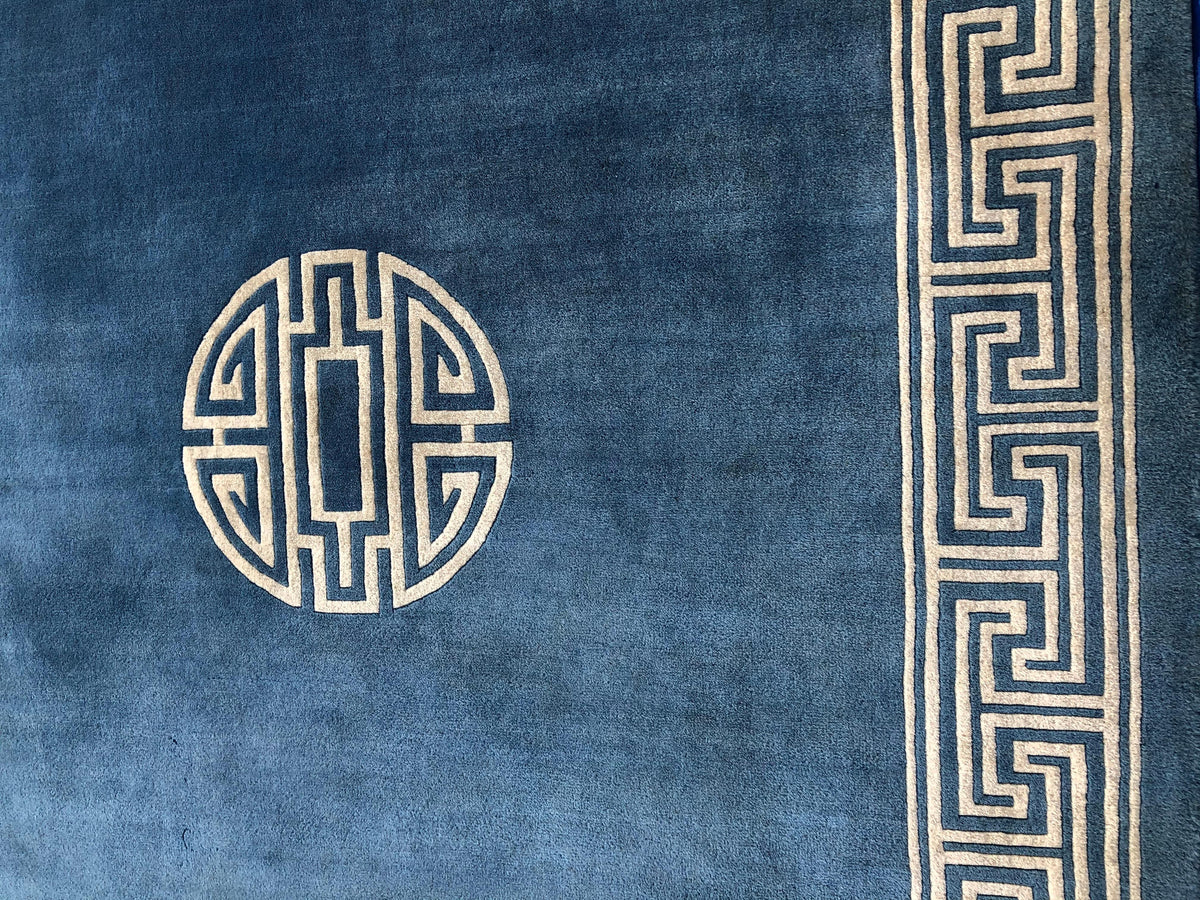 Stunning Blue and Beige Antique Collectible Ningxia or Ningshia Silk Area Rug — detail 8