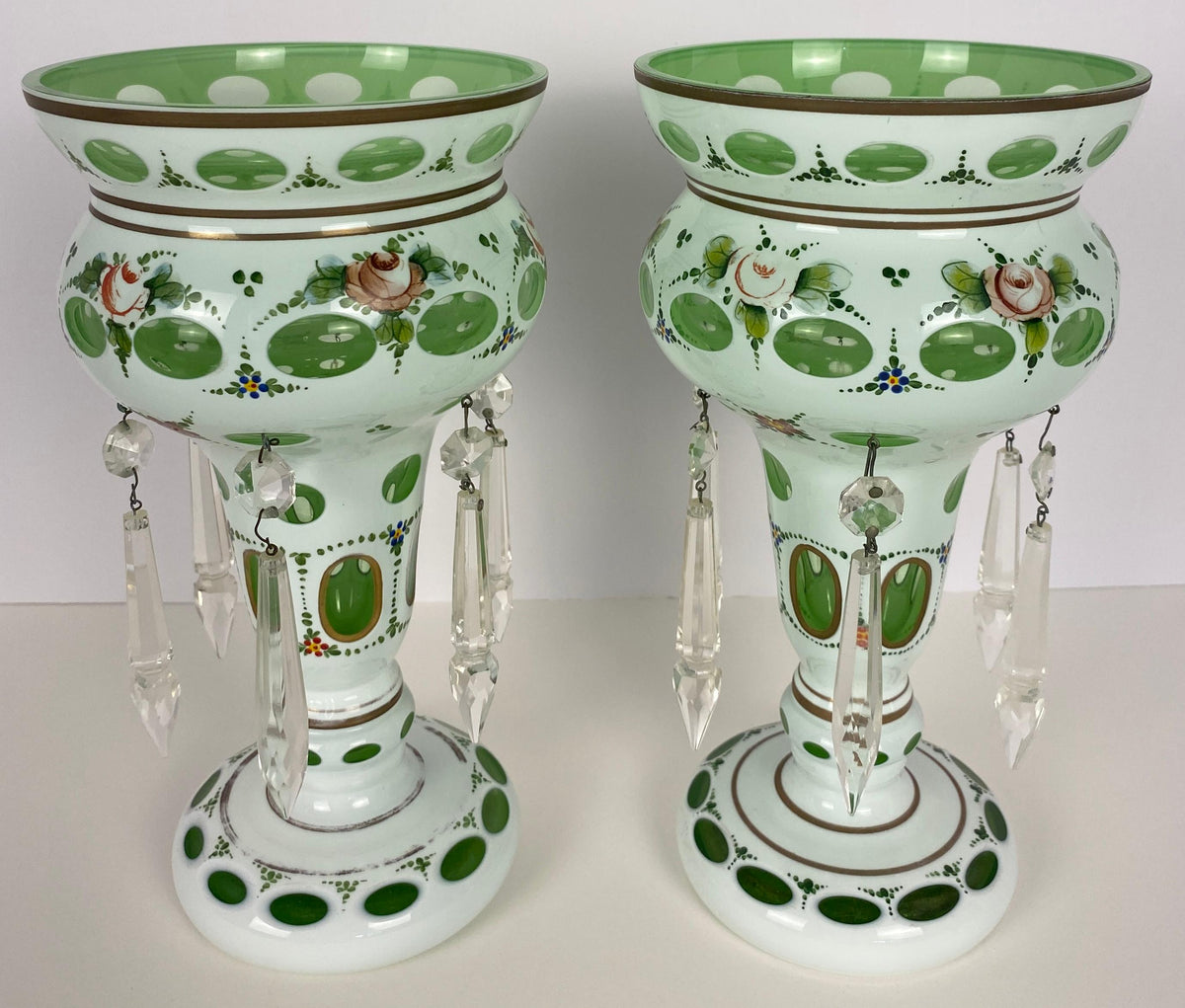 Bohemian Czech Glass Pottery, Set of 3 Green & White Decorative Objects — detail 4