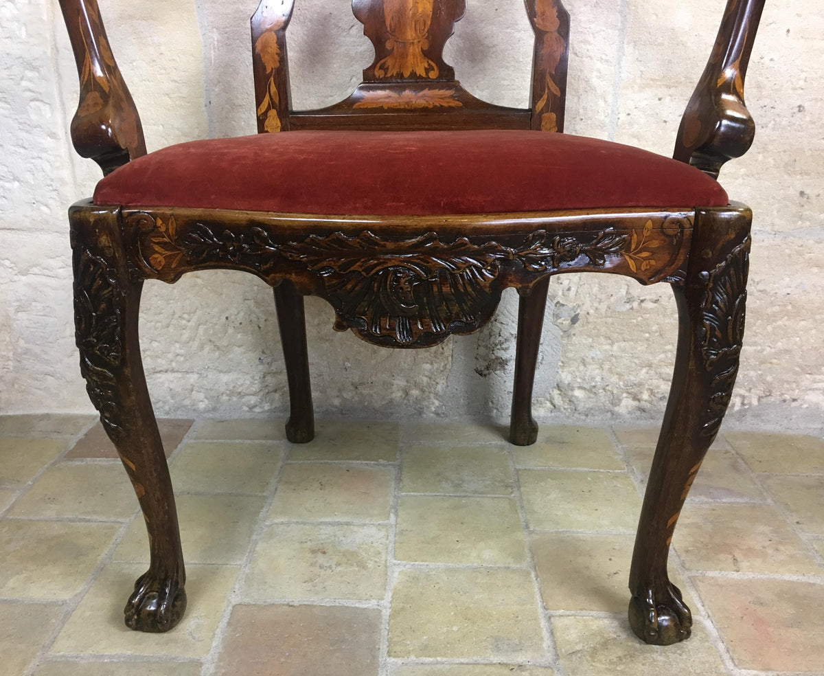 18th Century Dutch Walnut & Rosewood Armchair, Exceptional Marquetry & Carving — detail 2
