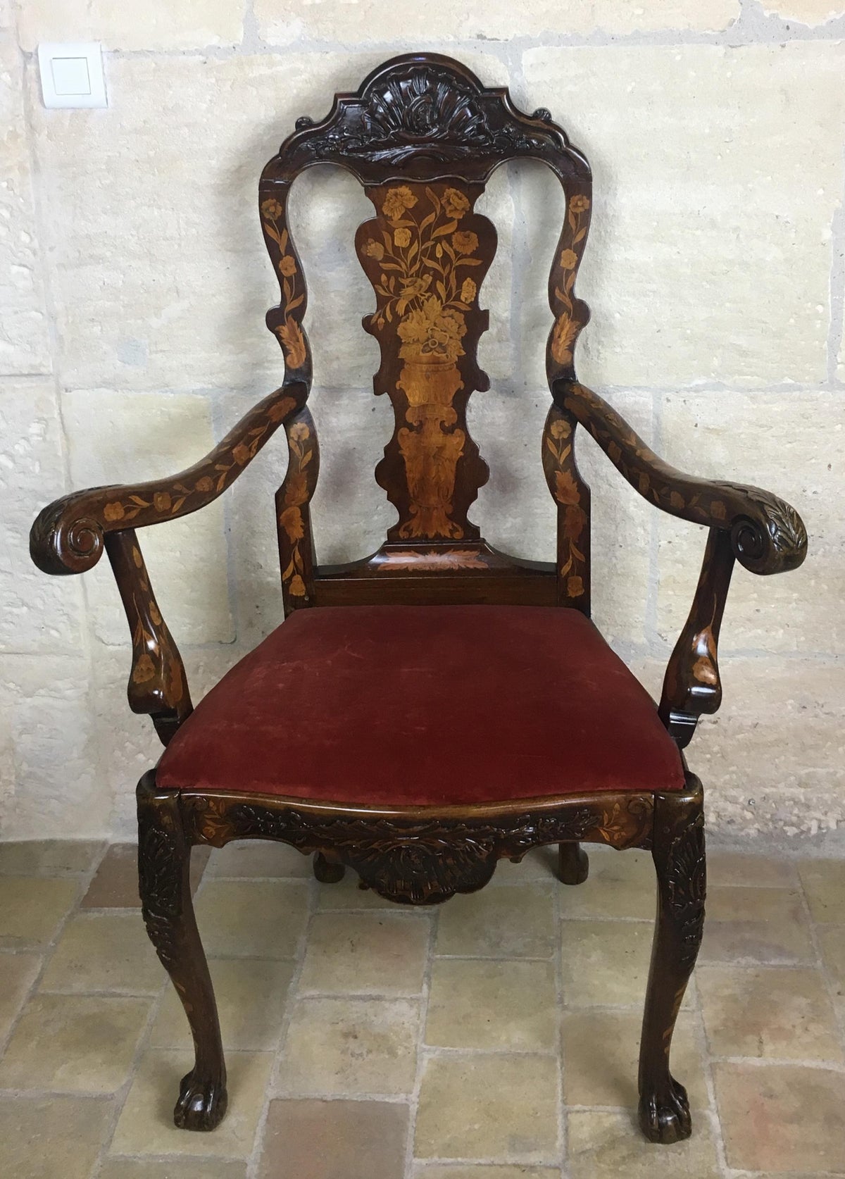 18th Century Dutch Walnut & Rosewood Armchair, Exceptional Marquetry & Carving — detail 8