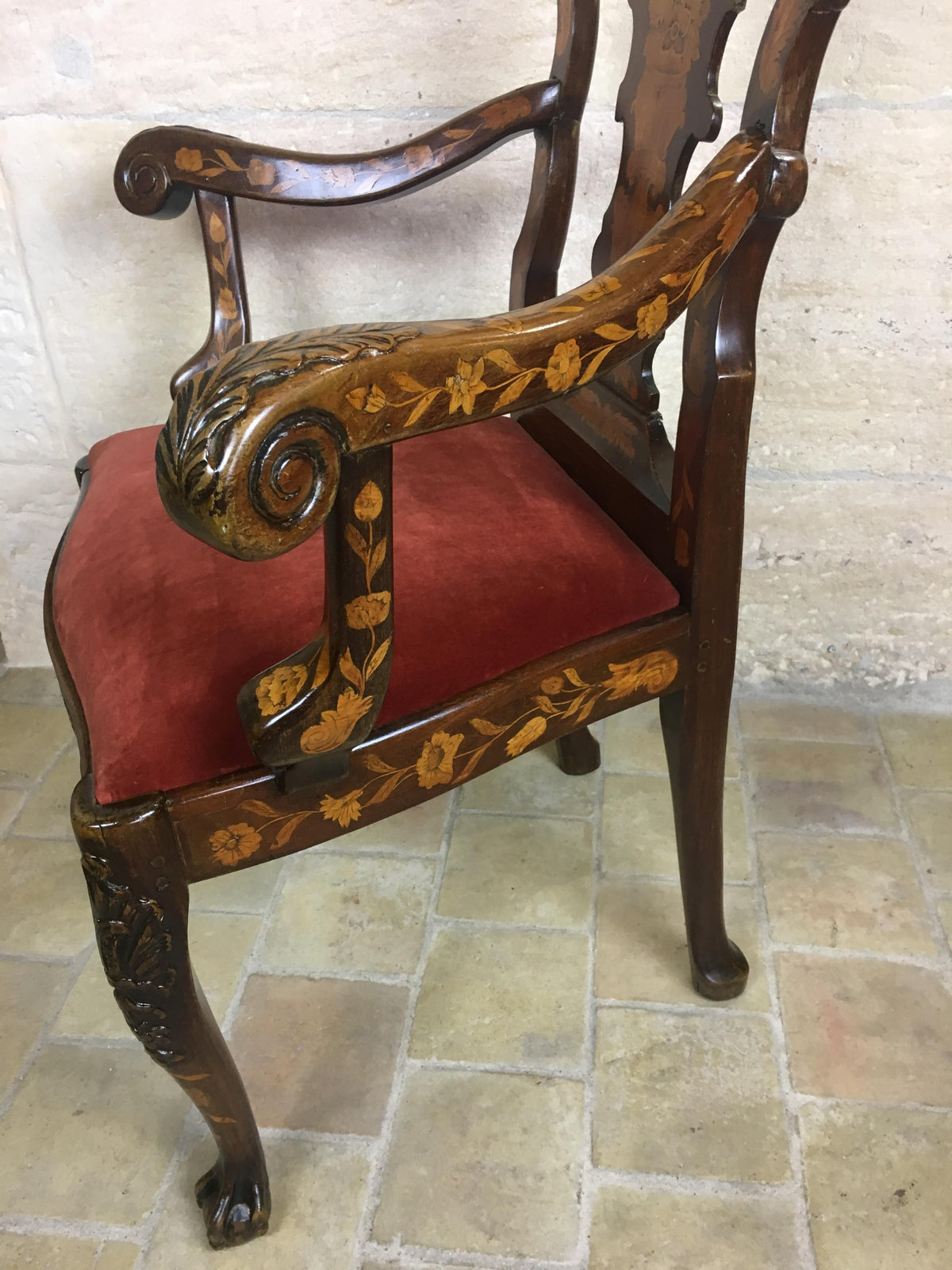 18th Century Dutch Walnut & Rosewood Armchair, Exceptional Marquetry & Carving — detail 9