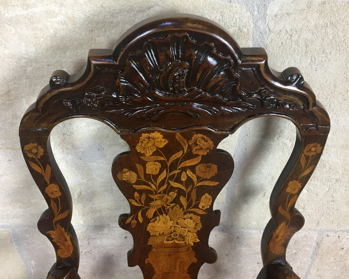18th Century Dutch Walnut & Rosewood Armchair, Exceptional Marquetry & Carving — detail 10