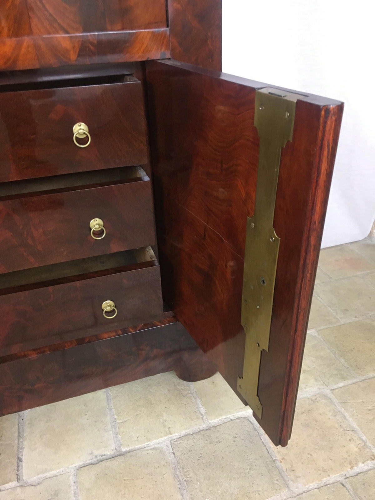 Early 19th Century French Empire Flame Mahogany Drop Front Secretary Desk — detail 11