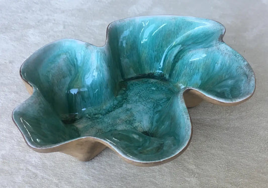 Midcentury Sculpted Ceramic Bowl by Flora Eckert Hammat, Turquoise Art Pottery — detail 2