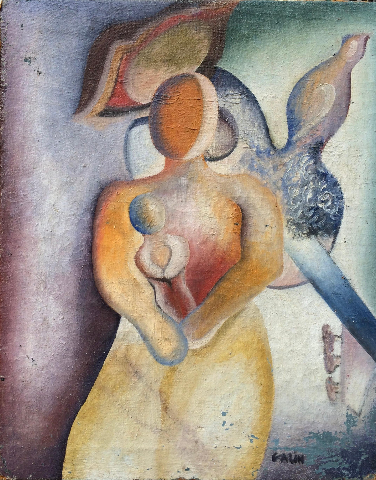 Abstract Figurative Cubist Painting, Mid-Century Style, Signed "Galin" — detail 2