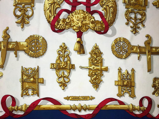 Elegant Vintage Hermes Scarf, Navy Red & Gold by Caty de Savigny — detail 2