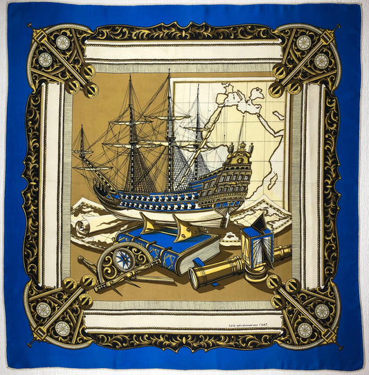 Vintage Framed Hermes Style Scarf Wall Art, Navy, Gold & Blue Sailboat — detail 2
