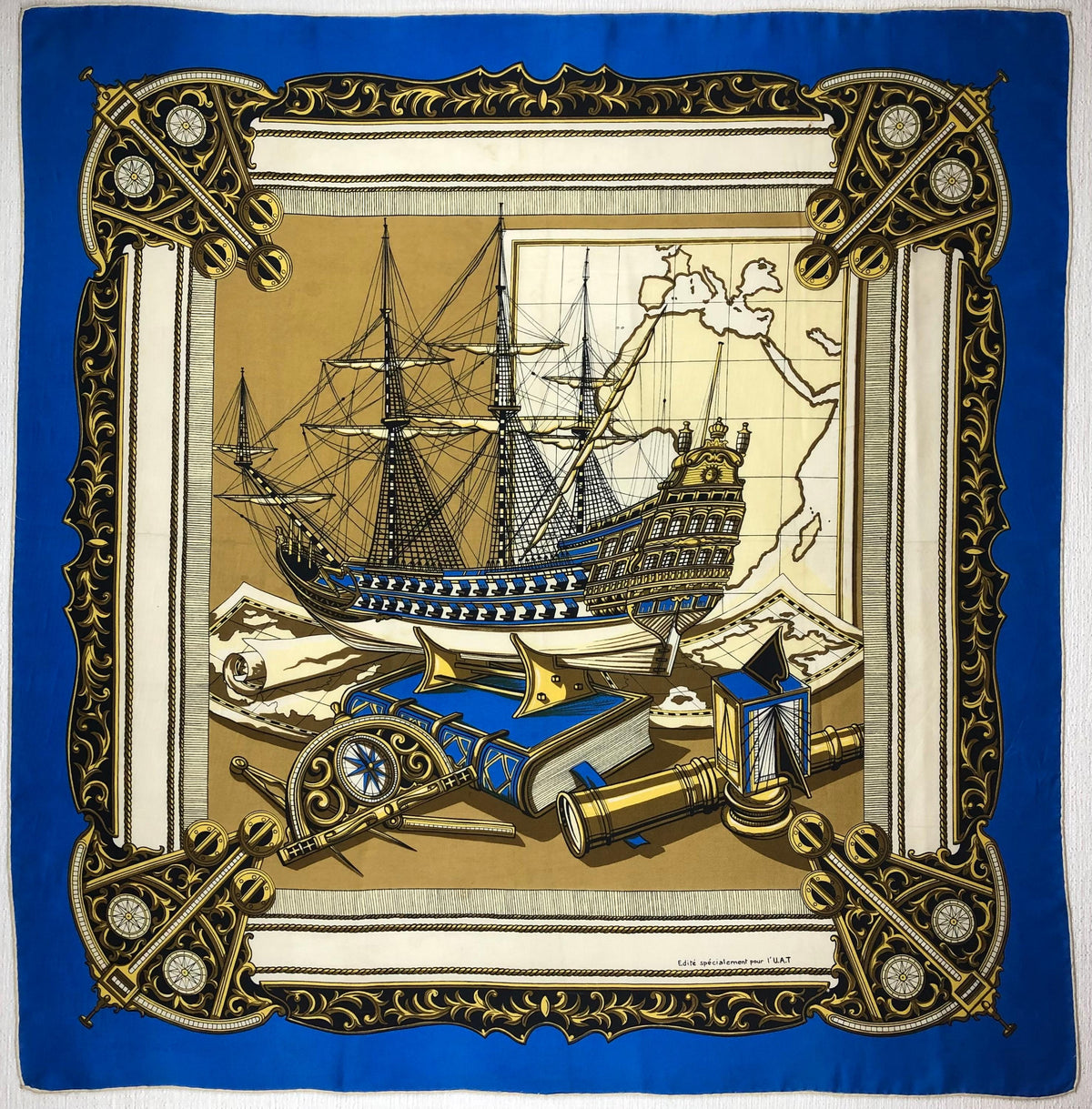 Vintage Framed Hermes Style Scarf Wall Art, Navy, Gold & Blue Sailboat — detail 6