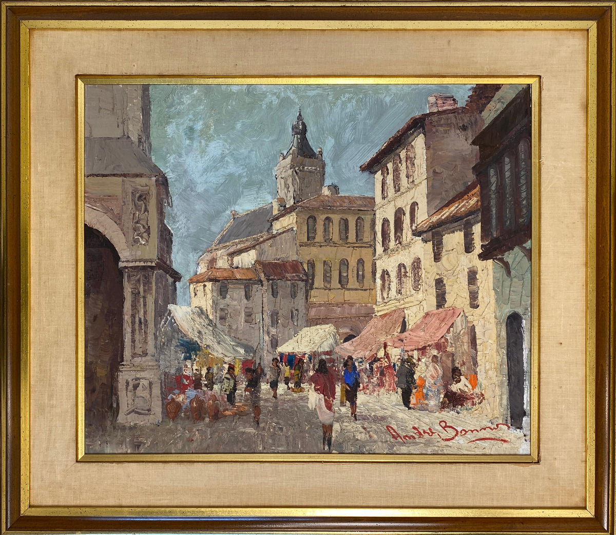 French Village Street Scene Oil on Canvas Painting, Busy Street in France — detail 5
