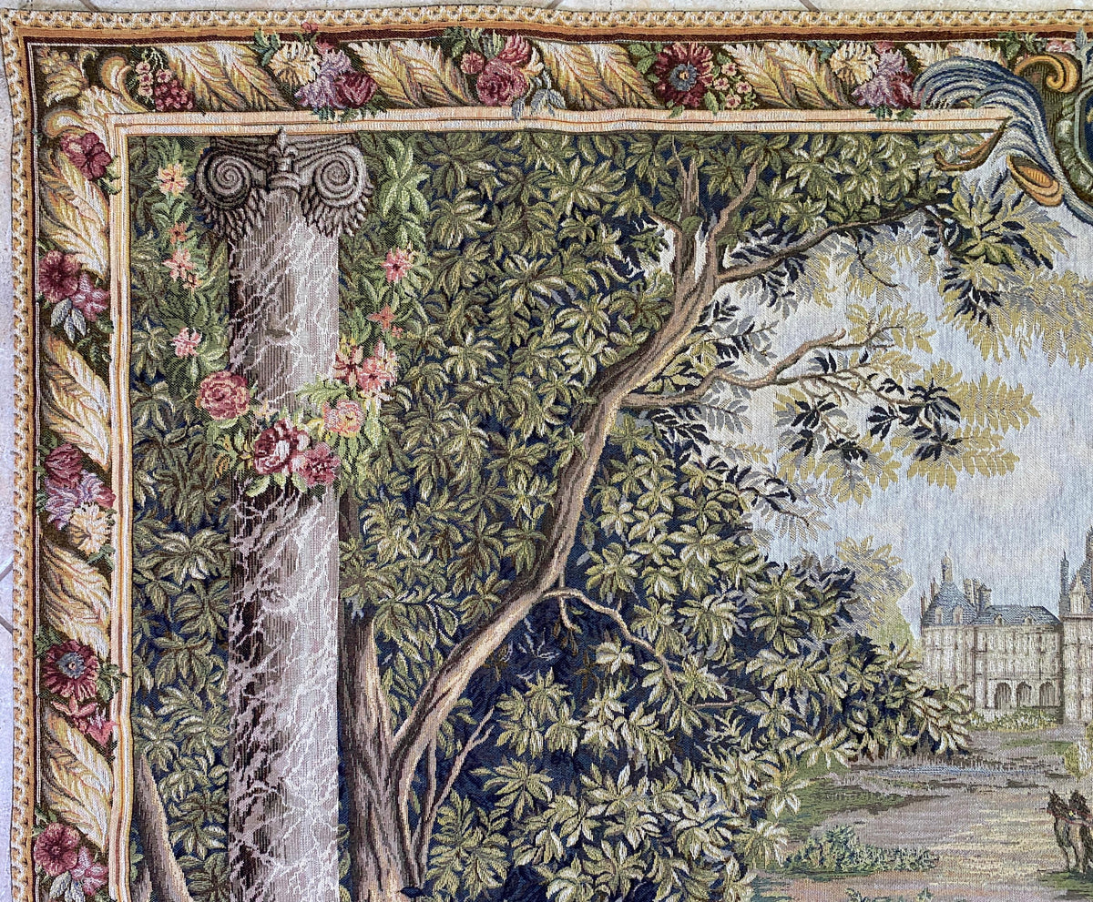 French Château Landscape Jacquard Woven Tapestry with Carriage & Courtly Scene — detail 2