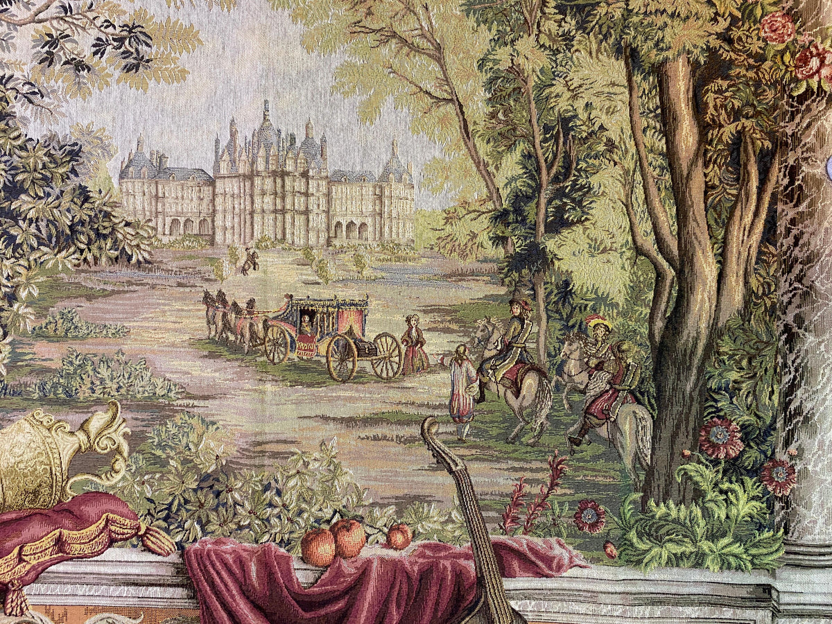 French Château Landscape Jacquard Woven Tapestry with Carriage & Courtly Scene — detail 3