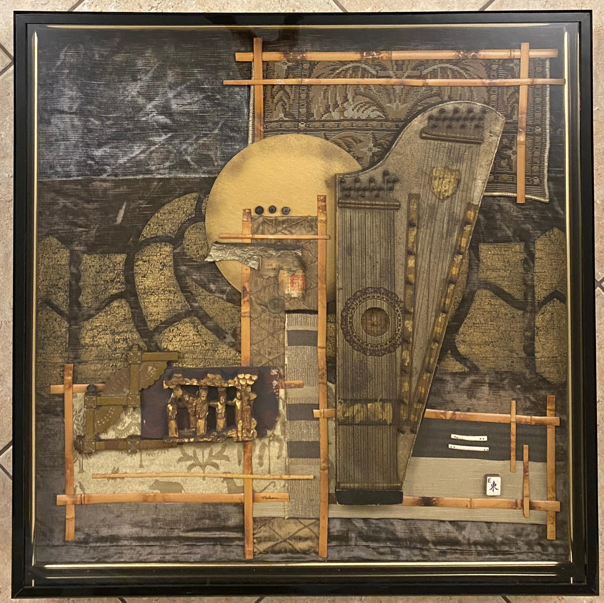 Large Contemporary Japanese Style Mixed Media Collage Wall Art — detail 12