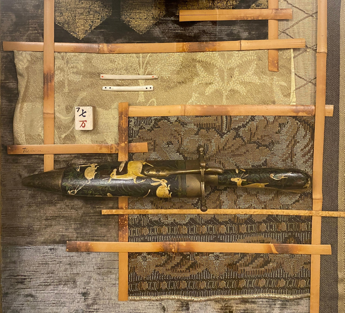 Large Contemporary Japanese Style Mixed Media Collage Wall Art — detail 9