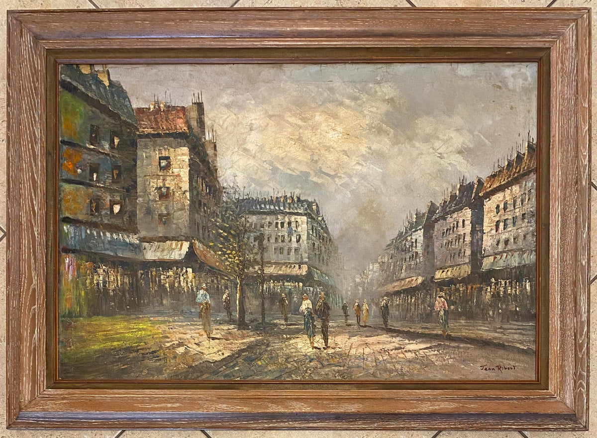 French Oil on Canvas Painting Paris Street Scene by Jean Ribout — detail 6