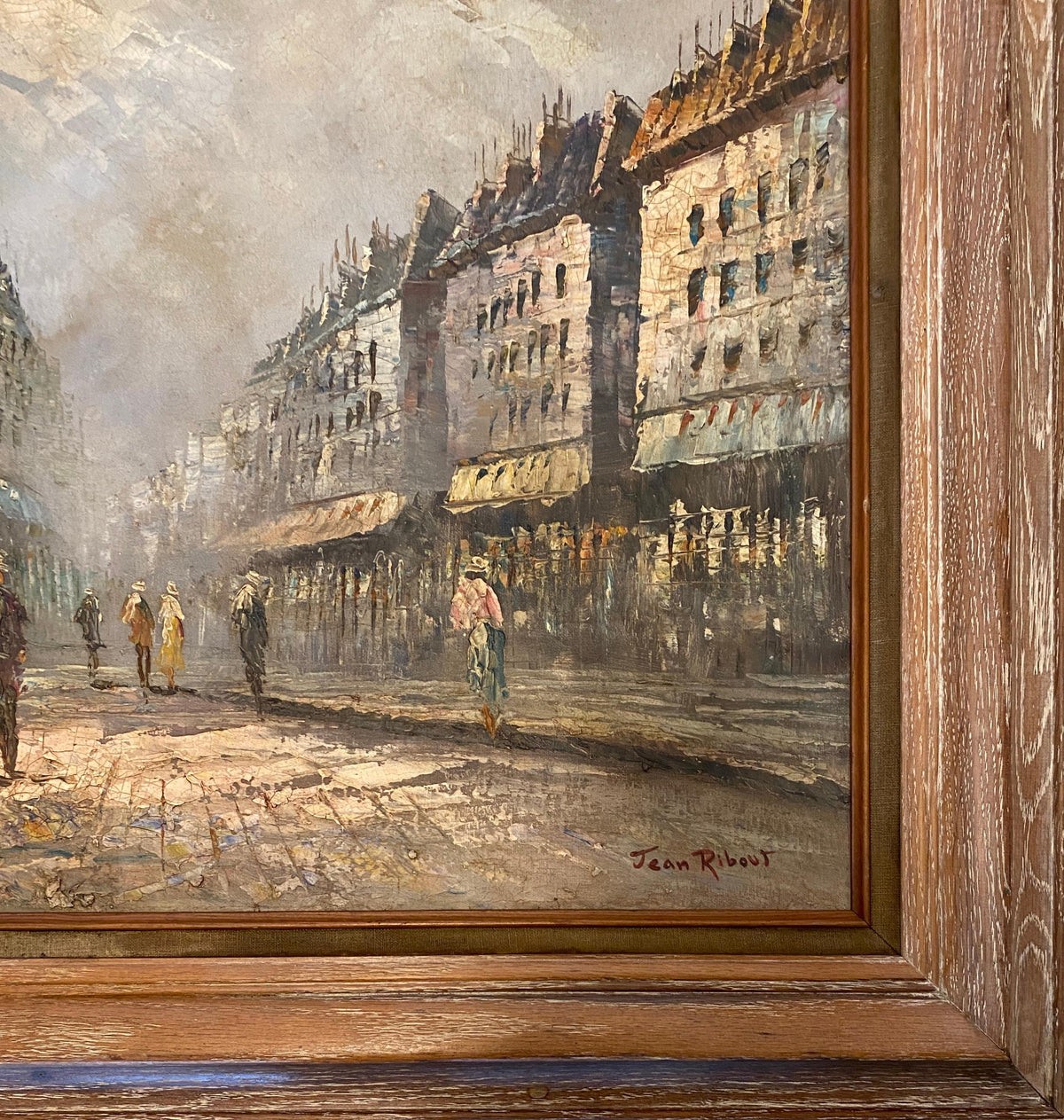 French Oil on Canvas Painting Paris Street Scene by Jean Ribout — detail 9