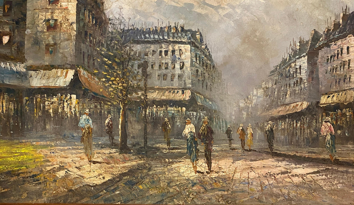 French Oil on Canvas Painting Paris Street Scene by Jean Ribout — detail 11